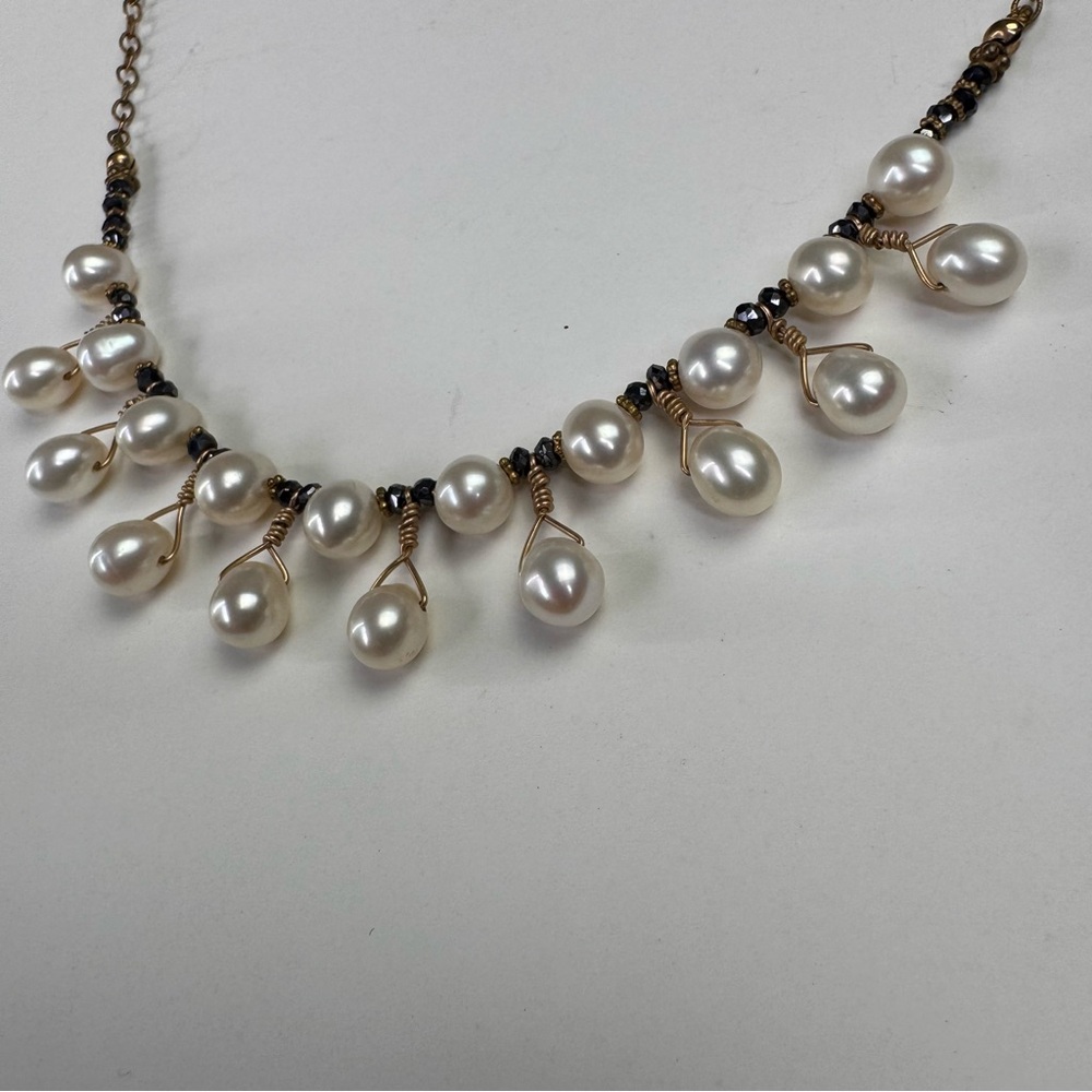 Artisan Freshwater Pearl Fringe Necklace 14K Gold Filled Hematite 16.5–20”